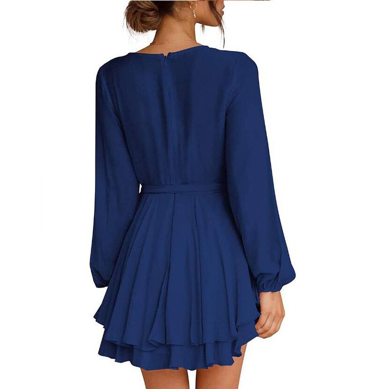 Solid Color High-Waist V-Neck Cross-Tie Long-Sleeved A-Line Dress NSXWL111224