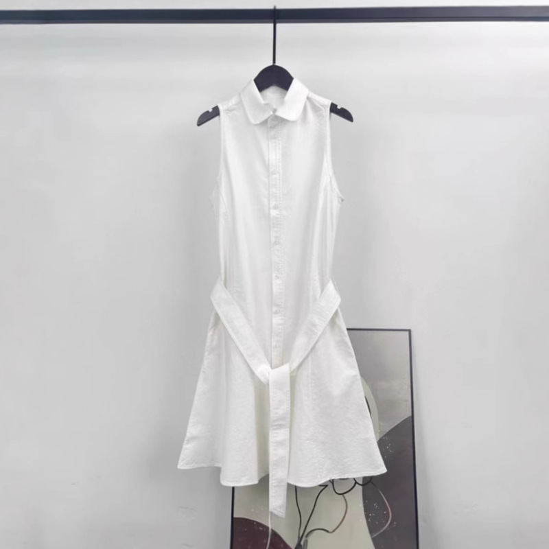 25 Summer Pony Embroidered White Moonlight Dress Slim Cotton A-Line Skirt Polo Neck Sleeveless Lace-Up Long Skirt for Women