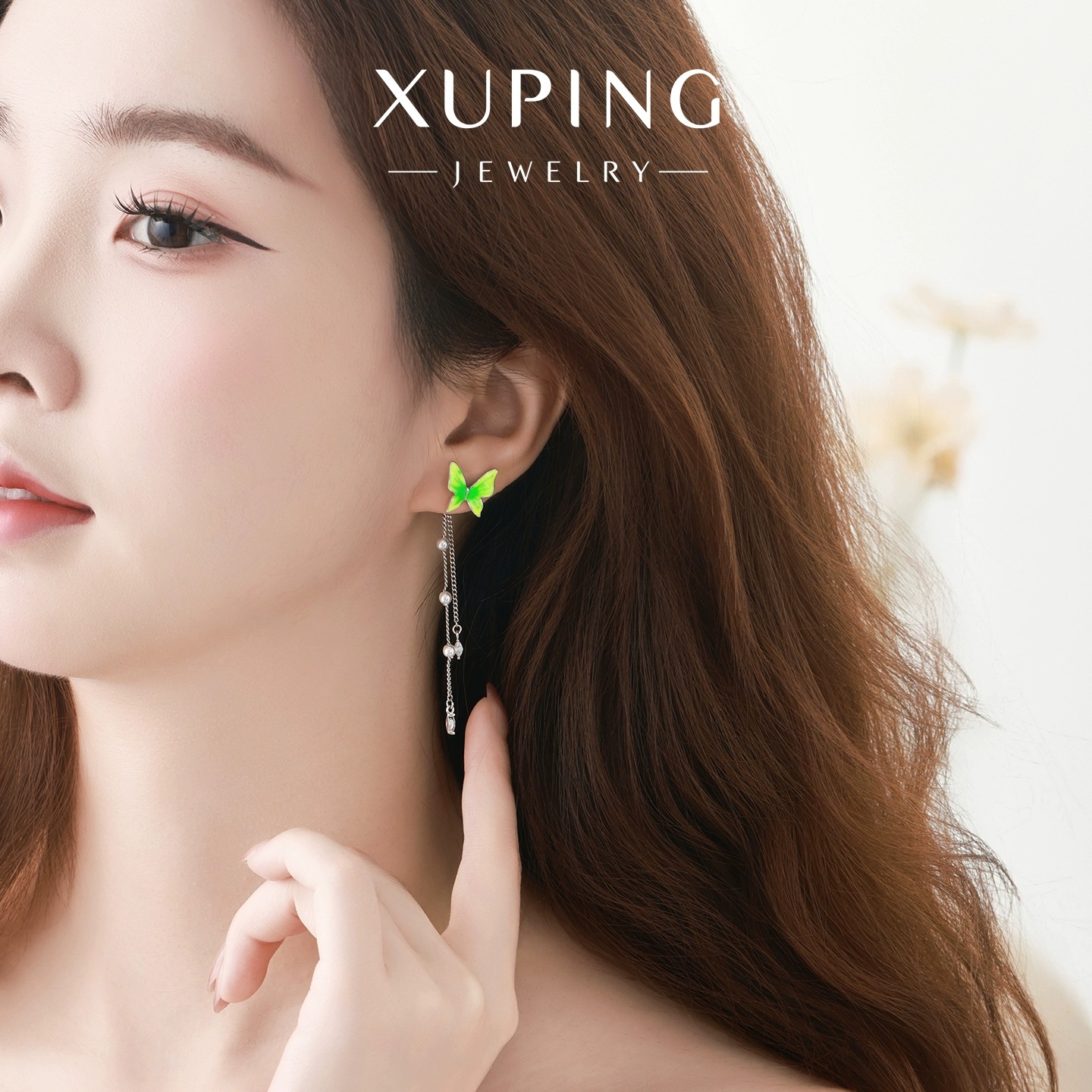 Xuping primavera Fairy Gote series de aceite verde imitación de perlas mariposa pendientes de dos orejetas de temperamento para mujeres