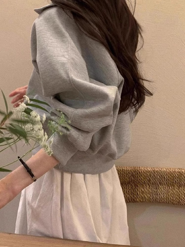 美式复古灰色翻领卫衣女春秋季小个子外穿休闲慵懒风宽松短款上衣|undefined