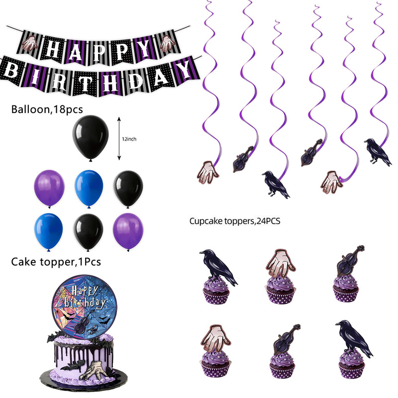 亚马逊紫色星期三主题生日派对装饰品周岁礼布置氛围道具纸盘拉旗|undefined