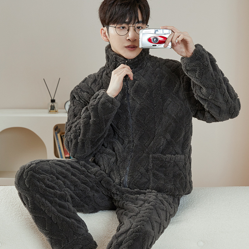 フランネルパジャマ男性は秋冬に保温襟ファスナーを厚くして長袖コーラルベルベットの住宅服カーディガンを厚くした