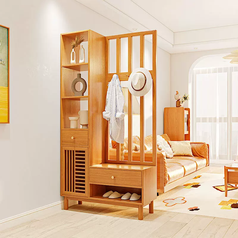 北欧全实木樱桃木日式进门衣帽架一体靠墙客厅入户玄关收纳隔断柜