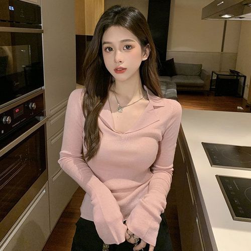 Sleek, alluring design: Ultra-thin basic knit sweater for women—autumn, slim-fit, chic long-sleeve top perfect for layering as a trendy 