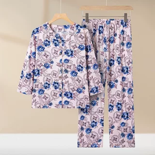 老年女奶奶夏季套装长袖长裤妈妈夏装绵绸两件套老人开衫太太衣服
