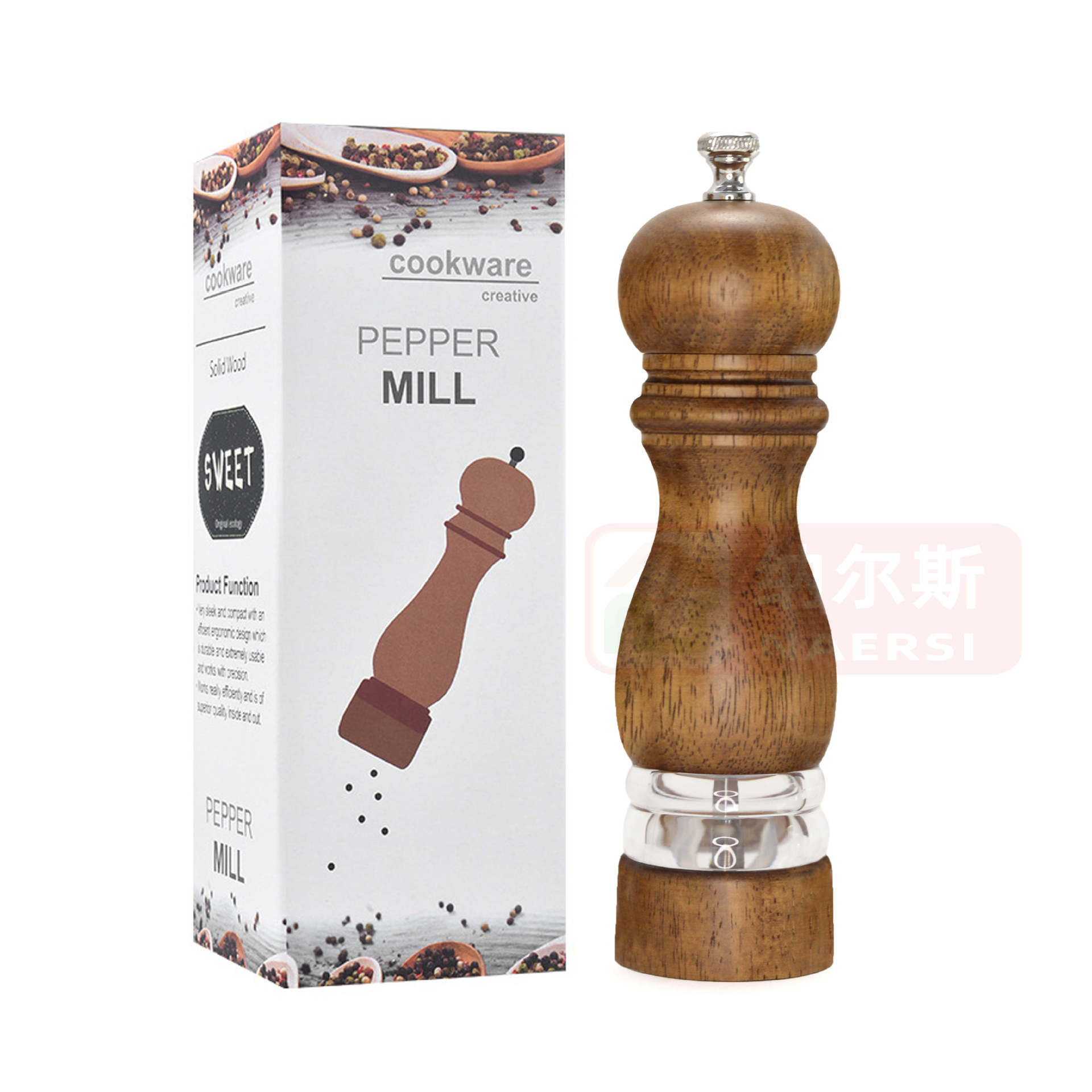  Molinillo manual de pimienta o sal, cuerpo acrílico y núcleo cerámico, diseño clásico de madera, utensilio de cocina