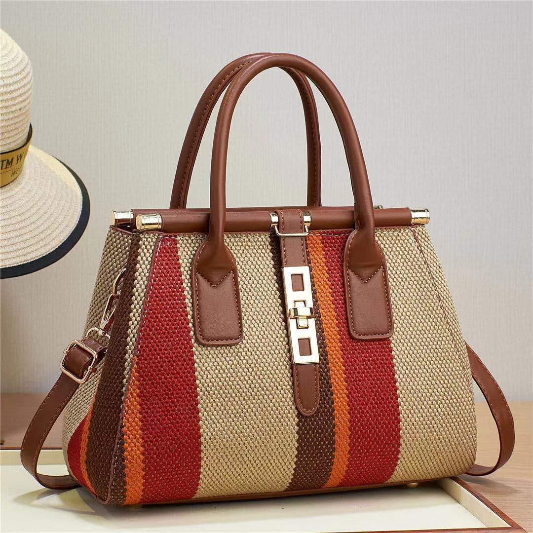 2023 New imitation woven canvas women's bag, noble and fashionable color-blocked single-shoulder crossbody hand-held large capacity cross-border bag