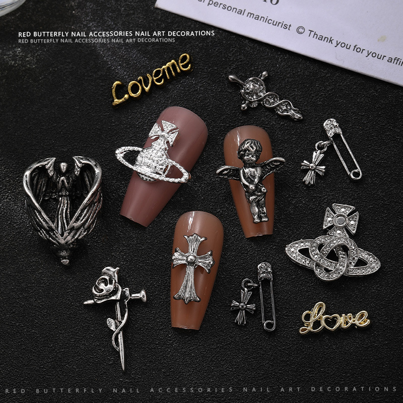 Dark style nail art accessories Crow heart cross skull angel retro…