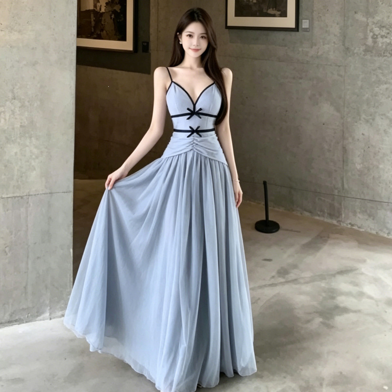 French-Style Blue Mesh V-Neck Spaghetti Strap Dress for Women, Summer Birthday Gown, Elegant Waist-Cinching Slimming Long Dress
