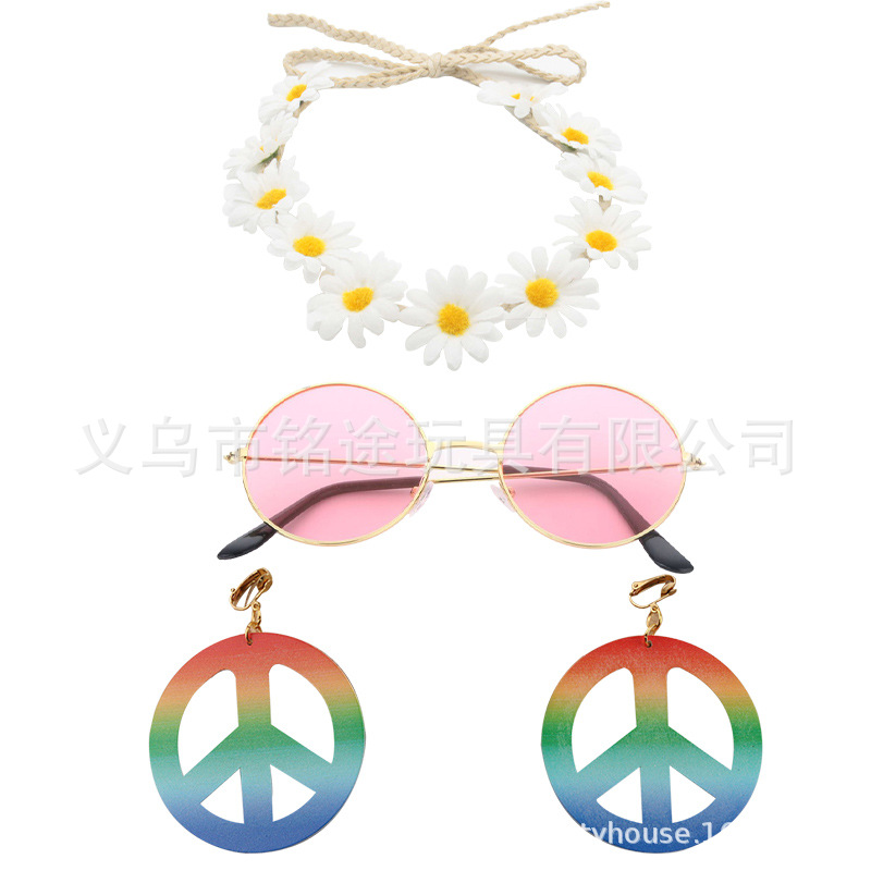 Accesorios de vestir hippies de la década de 1960, diadema de girasol, gafas redondas, conjunto de aretes de collar de talismán de paz