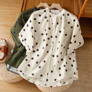 Actual Shot of 2025 New Summer Loose Large Size Shirt Color Matching Polka Dot Short-Sleeved Thin Comfortable Shirt for Women