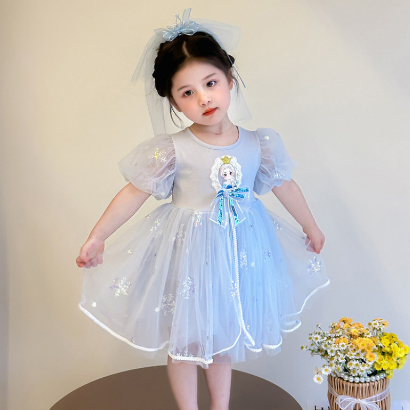 Children's Clothing for Girls 2026 Summer Short-Sleeved Elsa Dress Baby Fashionable Kidsren's Mesh Skirt Love Yarn Princess Skirt