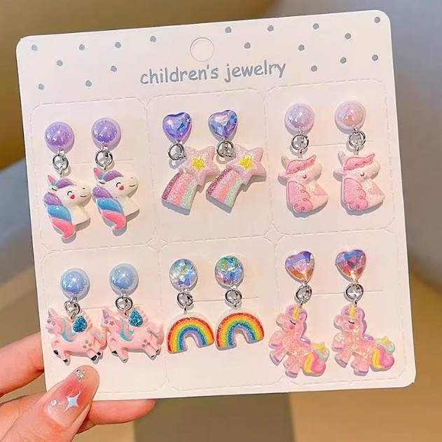 Cute cartoon earrings for girls, children's earrings, princess-style drop earrings, no ear piercing required, fake earrings that won't hurt the ears