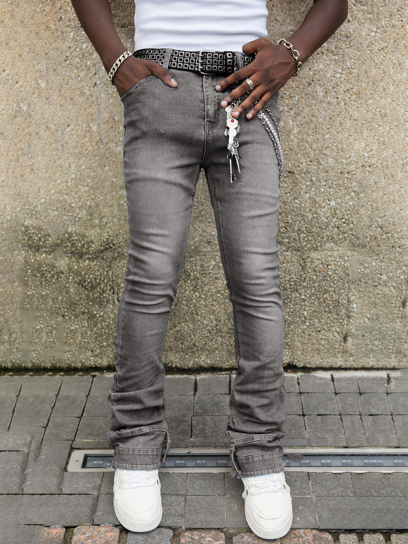 Men's Straight Leg Jeans Midweight Stretch Patch Denim Mid Waist Long Trousers Street Style Instagram Popular_mkmklike.com