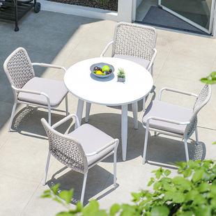 Nordic Outdoor Tables and Chairs Hotel Leisure Rope Armrest Rattan Chair Outdoor Open-Air Tables and Chairs Waterproof White All-Aluminum Tables and Chairs