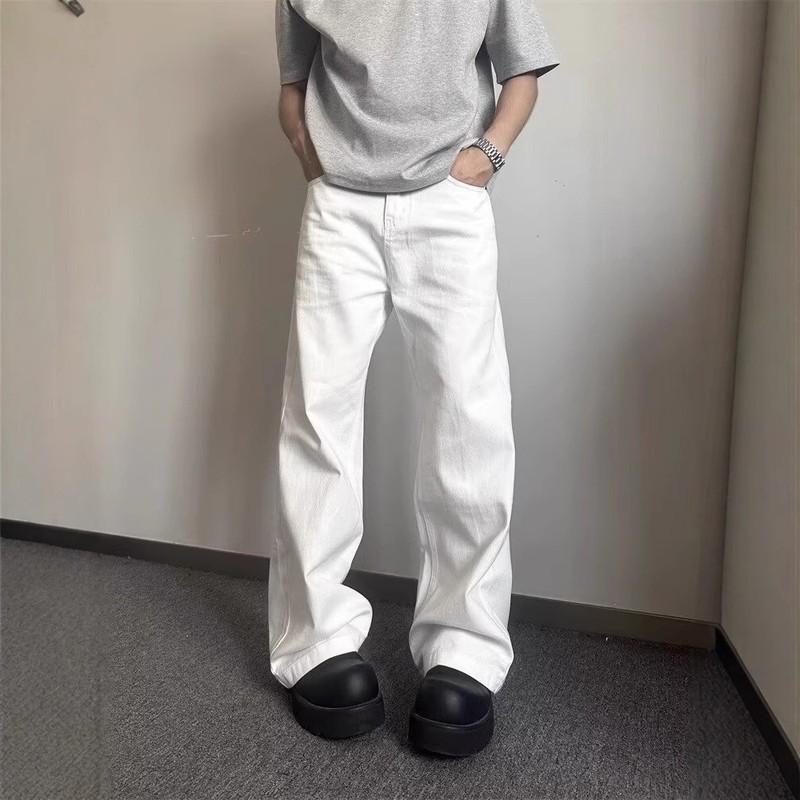 ホワイトシミタージーンズメンズアメリカンバイブハイストリートカジュアルクリーンフィットパンツハンサムストレートレッグマイクロフレアパンツ|undefined