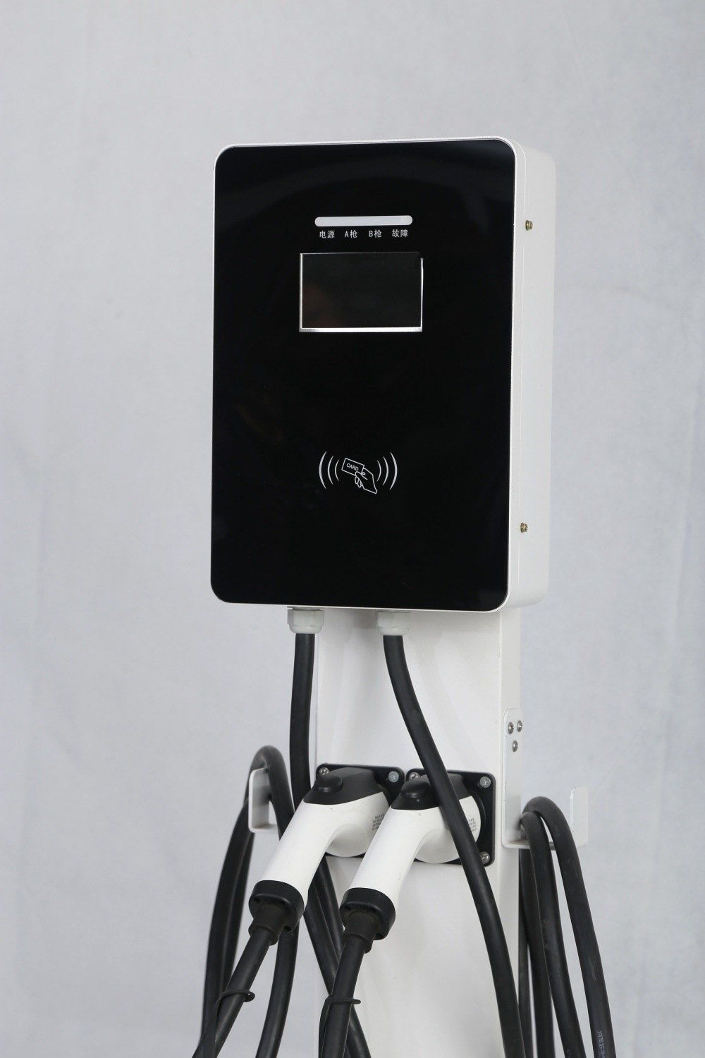 14KW dual-port AC charging station for electric vehicles, featuring smart charging with QR code and card payment, and a color display screen