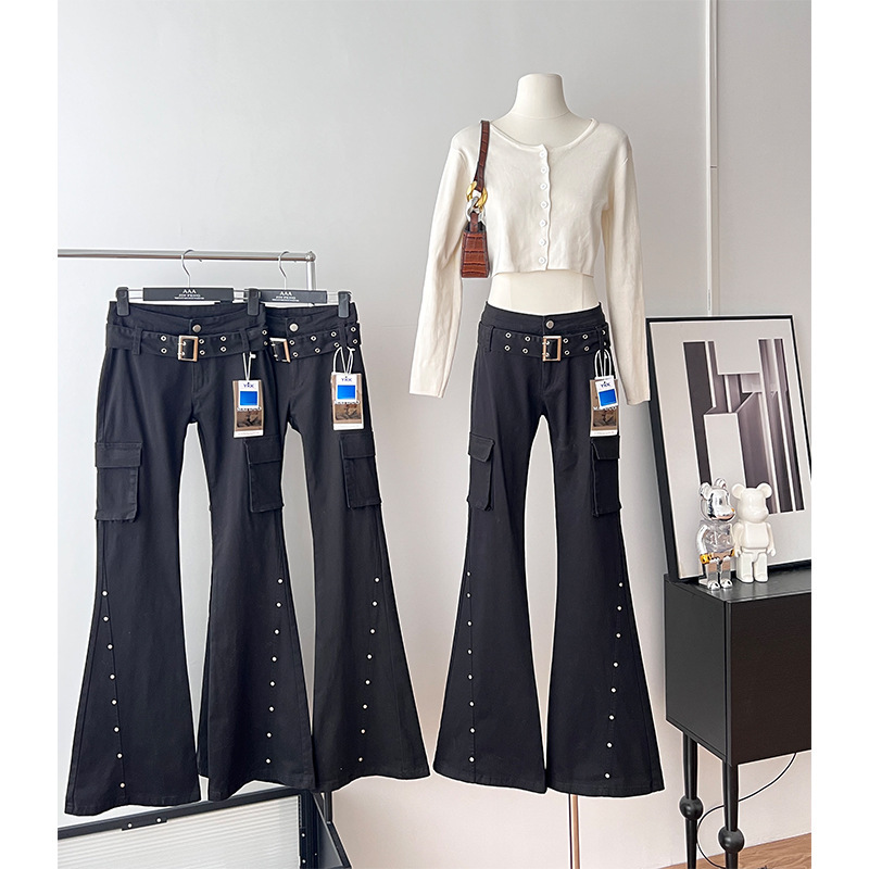 Tall Hot Girl Design Niche Workwear Rivet Jeans Low-Waist Black Bell-Bottom Pants Women's Spring and Summer Trend