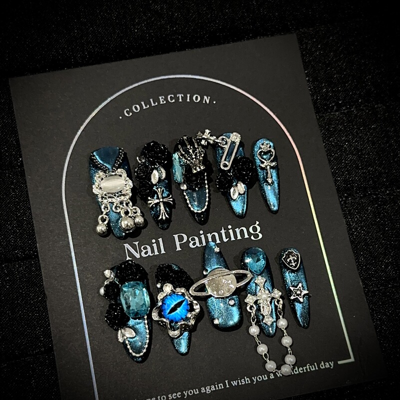 Purely Handmade Wearable Nails with a High-End Feel, Blue Cat-Eye Long Nail Pieces, European and American Style Heavy-Duty Camellia Flower Fake Nail Patches