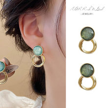 法式复古绿宝石大耳环女ins小众水晶圆圈耳环古典大方百搭耳饰潮