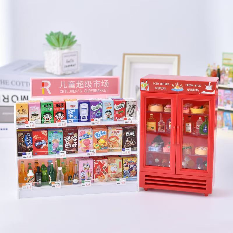 Simulación de mini miniature supermercado estante de bocadillos estante de escena de muñeca modelo de casa pequeña decoración juguetes caseros