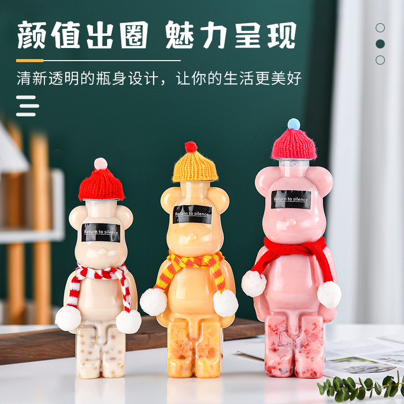 Botella de té con leche de dibujos animados, botella de bebida de hombre de pan de jengibre, botella de empaque de comida para llevar de red gruesa, taza de té con leche comercial de plástico PET