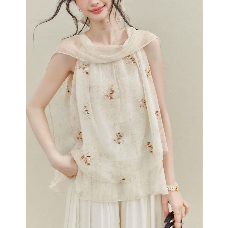 "Radiance of the Universe" Fresh Style Sleeveless Floral Vest for Women 2026 Summer Elegant Versatile Top with Draped Collar