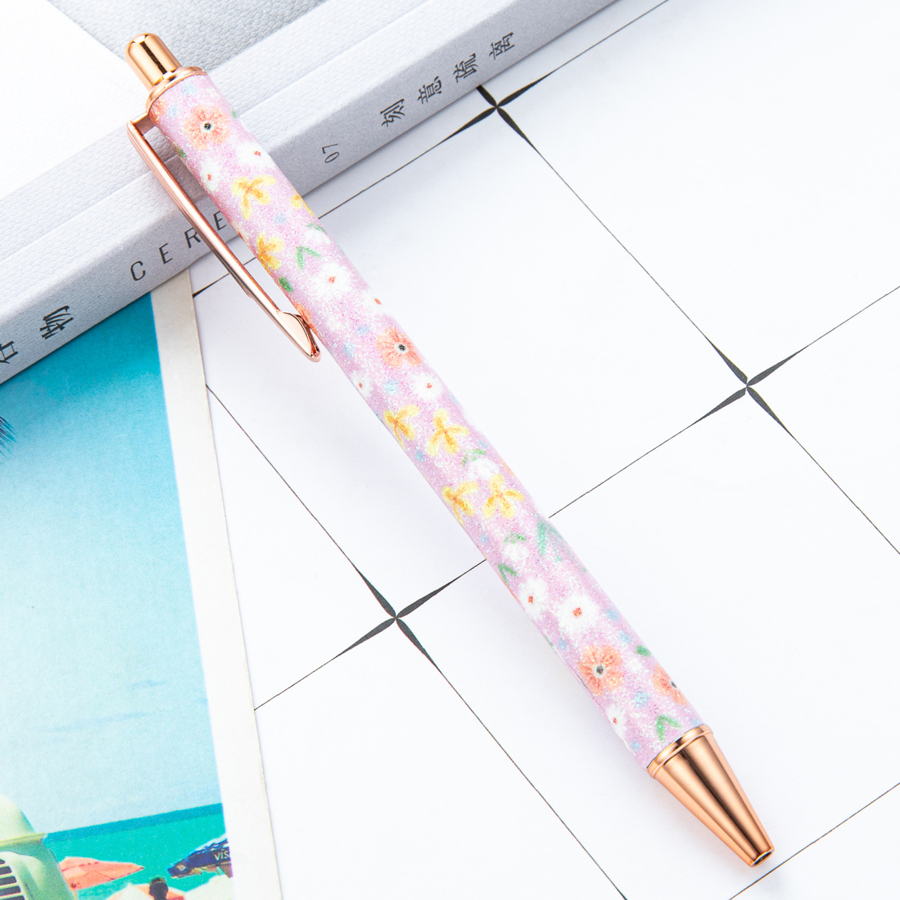 Estilo creativo ins mismo estilo chica corazón flor pluma fresca estudiante prensa pluma de cuero oro rosa prensa bolígrafo