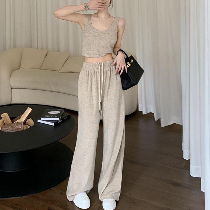 Autumn Lazy Pure Desire Short Style with Naked Navel for Slimming Tank Top, High Waist, Hanging Wide Leg Pants,_voghion.com