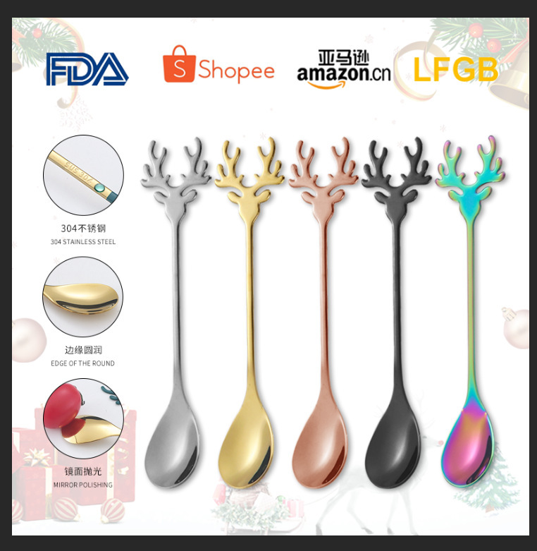 Christmas gift 304 stainless steel spoon cartoon elk coffee mixing spoon dessert ice cream spoon spoon spoon tableware