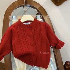 Children's Knit Cardigan Coat Autumn New Baby Warm Red Children's Round Neck Sweatshirt 0138A053