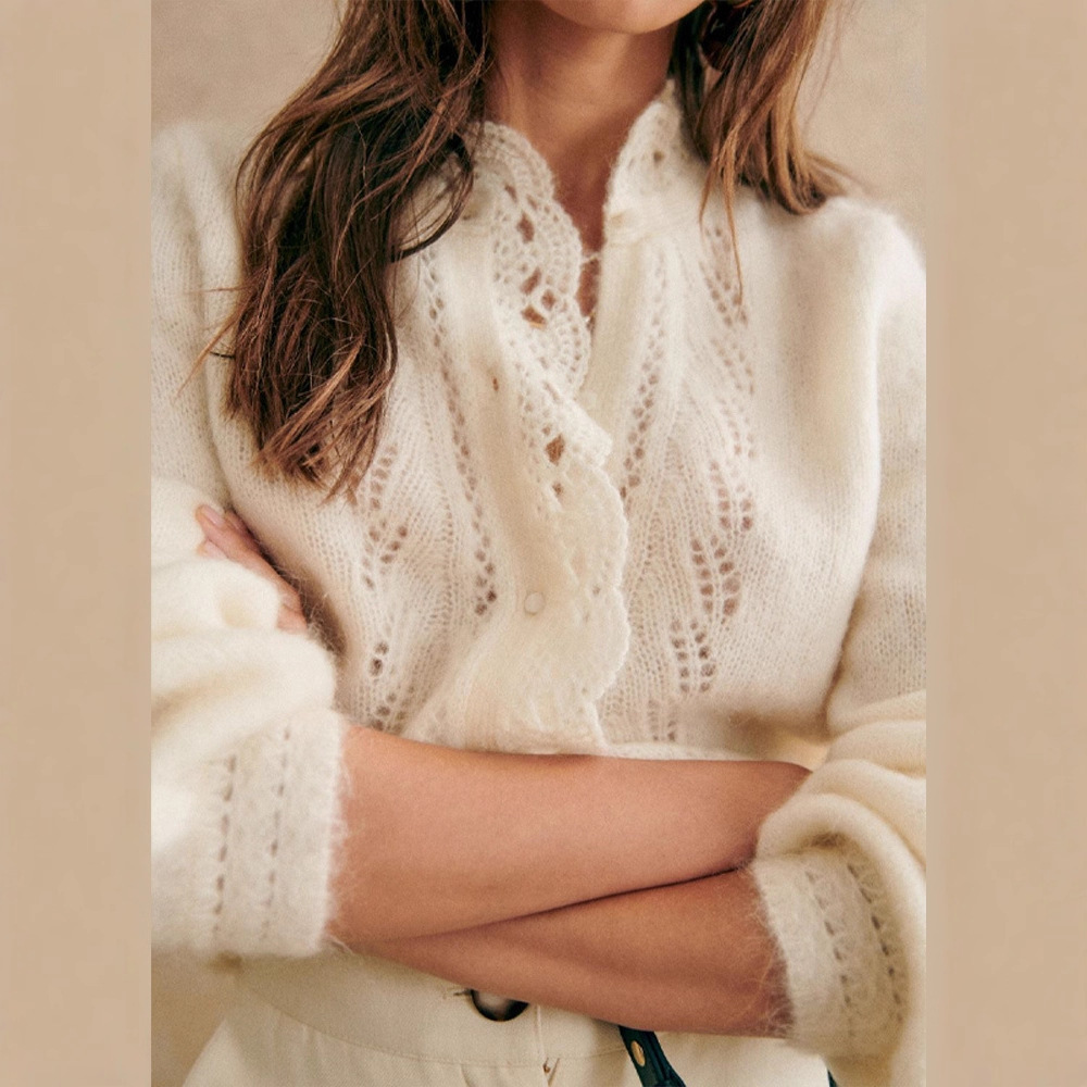 European and American Cross-Border 2025 Autumn and Winter New Women's Clothing Gentle Elegant Cut Out Lace Short Sweater Knitted Cardigan Women's Autumn