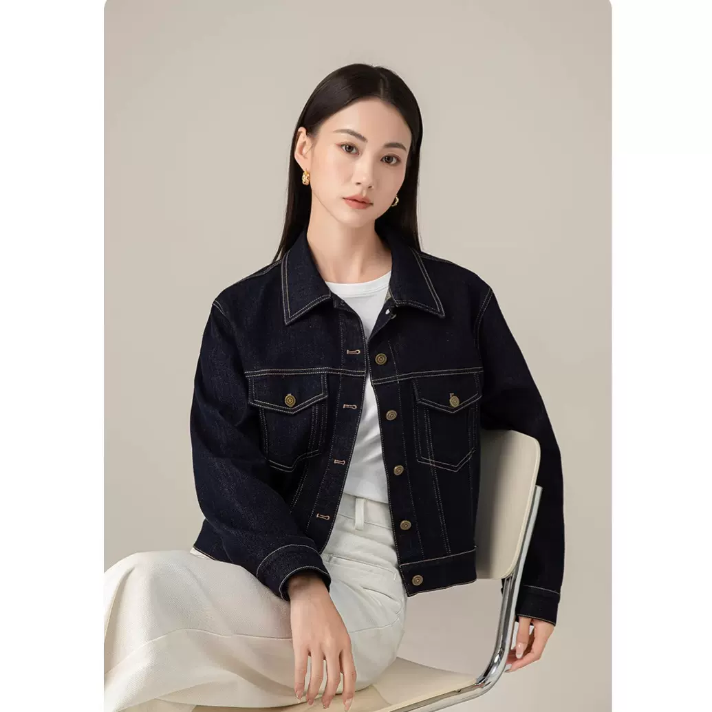 鑫阁秋季深蓝色牛仔外套女装2025新款小个子短款跨境外贸正肩上衣
