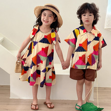 儿童夏季衬衫套装男童度假风2025新款宝宝洋气女童连衣裙兄妹夏装