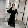 2021 spring new V-neck solid color skirt long sleeve dress