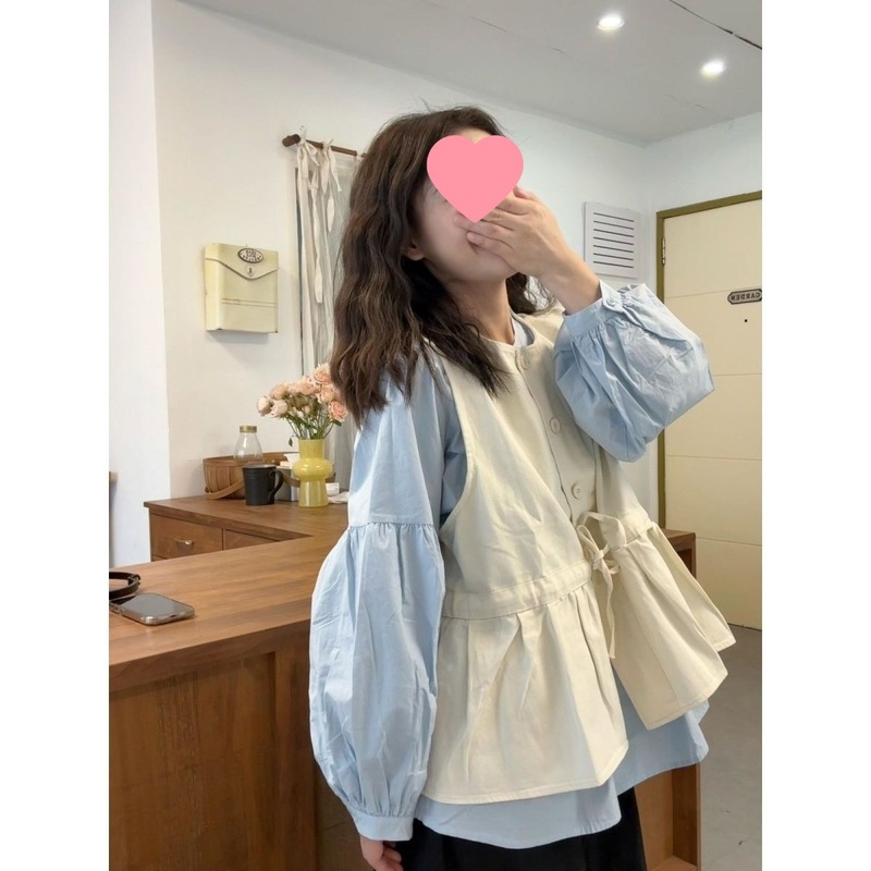 宽松百搭圆领长袖衬衫叠穿绑带马甲套装春季新款时尚两件套女|undefined