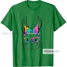 欧美新款可爱的兔子脸扎染眼镜女孩复活节快乐 外贸T 恤黄色白色