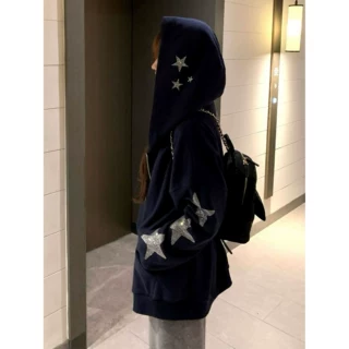 韩系慵懒复古星星烫钻刺绣帽衫卫衣女早秋新款宽松藏青色开衫外套