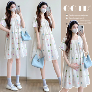 Maternity 2025 Summer New Sweet Fashion Short Sleeve Embroidered Colorful Flower Loose plus size Pregnant Women dress