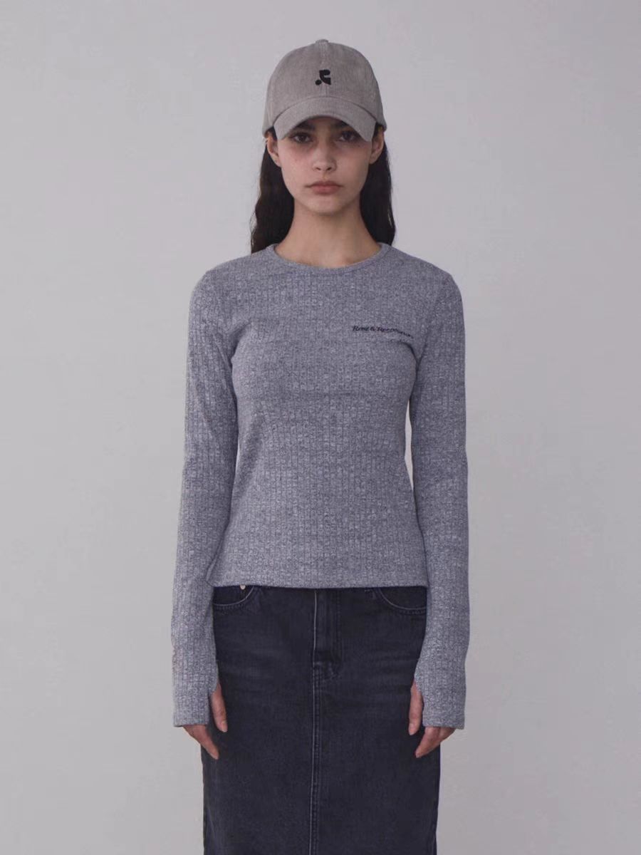 現物韓国restandrecreationアルファベット刺繍丸首長袖tシャツ女性RR修身カーディガン秋