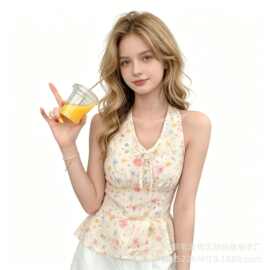 甜美碎花挂脖v领无袖背心女2026夏季新款气质收腰显瘦吊量大可谈