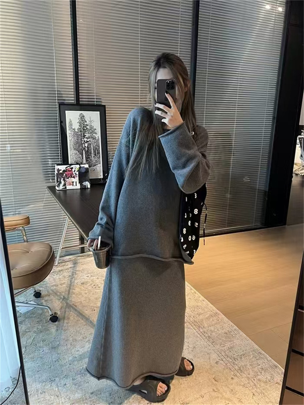 秋冬新款跨境宽松慵懒针织套装女休闲简约卷边半身裙毛衣两件套|undefined