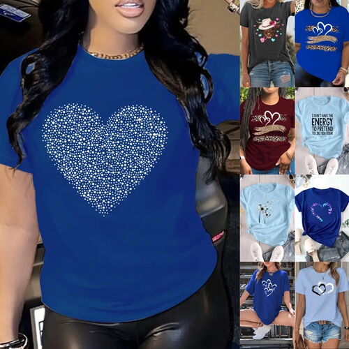 TEMU Free Shipping Women's Short Sleeve Western Valentine's Day Heart Crew Neck Top