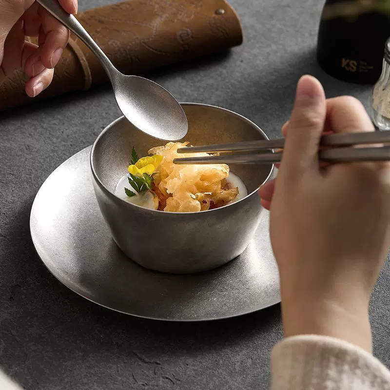 复古不锈钢餐具雪花银杯子甜品勺子轻奢创意商用碗碟盘杯筷套装
