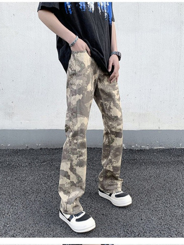 American Retro Light Color Floral Camouflage Jeans for Men, Fashion Long Pants, High Street Summer Slim Straight Pants
