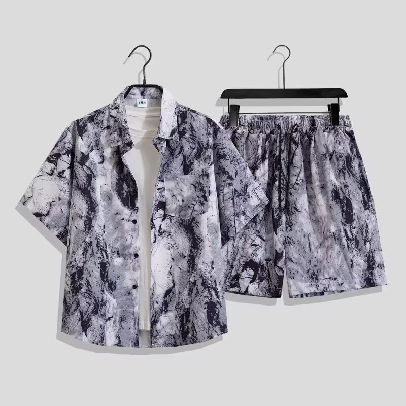 Trendy Retro Cool Loose Casual Two-Piece Summer Cool Ice Silk Tie-Dye Short-Sleeved Shirt and Shorts Set for Men