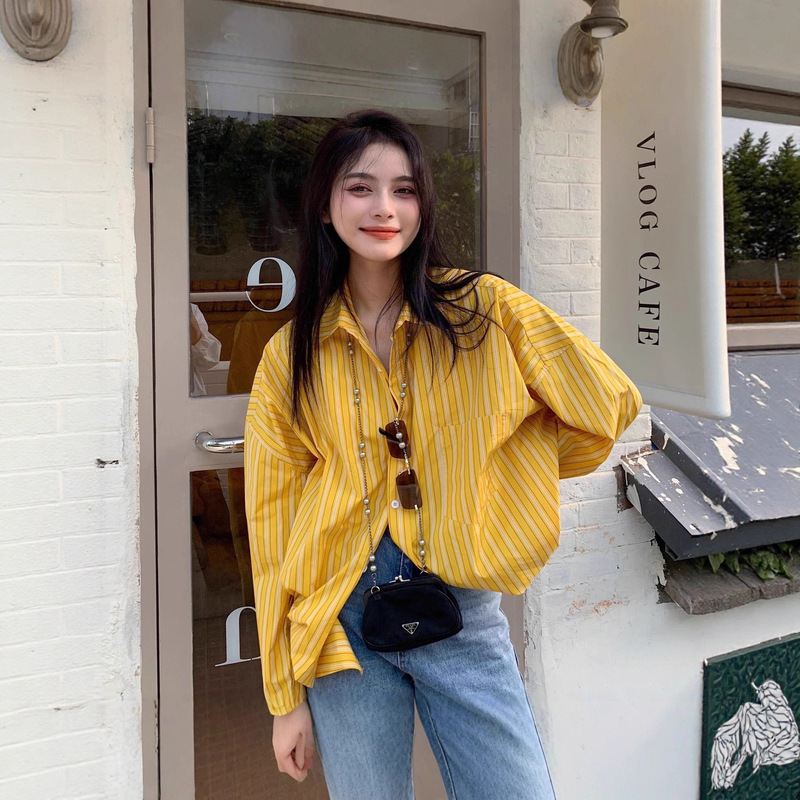 Cross-Border Iu Design for Slightly Chubby Girls, Unique Light Yellow Striped Shirt, Women's Loose Sun-Protective Shirt, Thin Jacket, Pure
