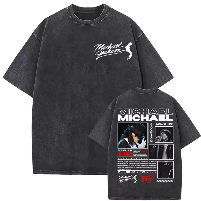 【Cross-Border Washable Style】Fashion Icon Michael Jackson Bad Times Vintage Washed T-Shirt for Men and Women