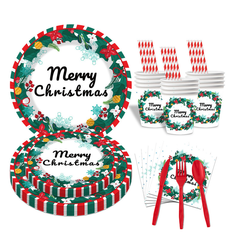 Ready-Made Christmas Party Paper Plate Set Cross-Border Holiday Decorations Disposable Tableware Paper Cups Paper Towels Wholesale