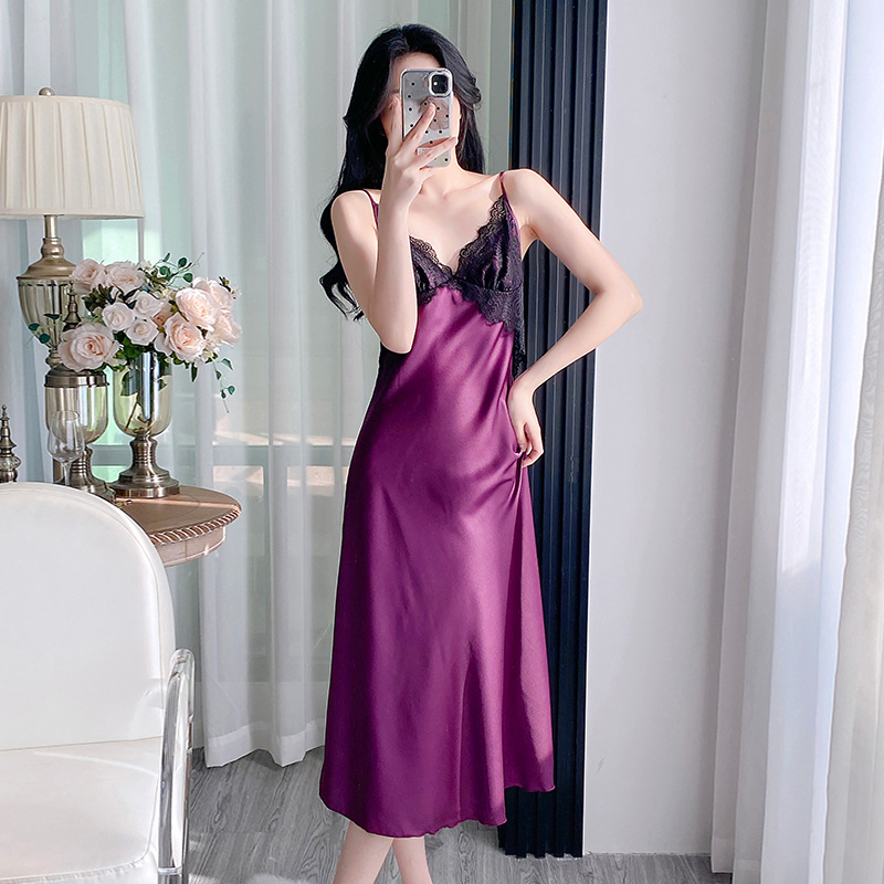 2025 Sexy Pajamas Women's Long Suspender Nightgown Women's Ice Silk Lace Beautiful Back High-End Feeling with Breast Pad Home Clothes